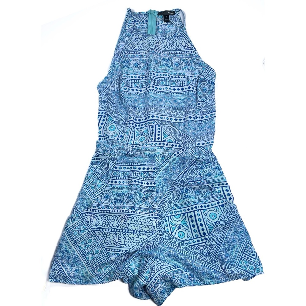 AQUA Romper Small Blue White Mosaic All Over Print High Neck Coastal Made in USA
